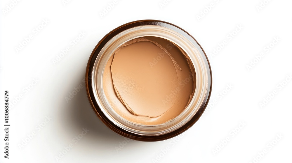 Close-up of glossy foundation cream in a jar, viewed from above. Smooth texture, no branding or logo. Clean and simple white background. Close-up of glossy foundation cream in a jar, viewed from above. Smooth texture, no branding or logo. Clean and simple white background.