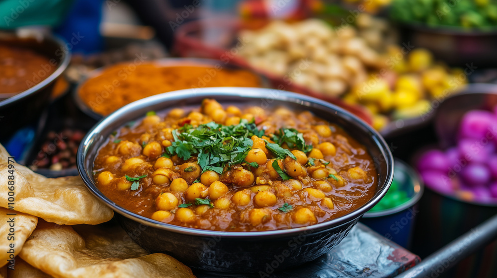 A vibrant bowl of chana masala served with fluffy puri, surrounded by street vendors, colorful spices in the background
