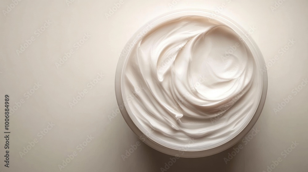 Close-up of the top view of a rich moisturizing cream in a circular container. Shiny, even texture with no logo. Clean white background for a minimal look. Close-up of the top view of a rich moisturizing cream in a circular container. Shiny, even texture with no logo. Clean white background for a minimal look.