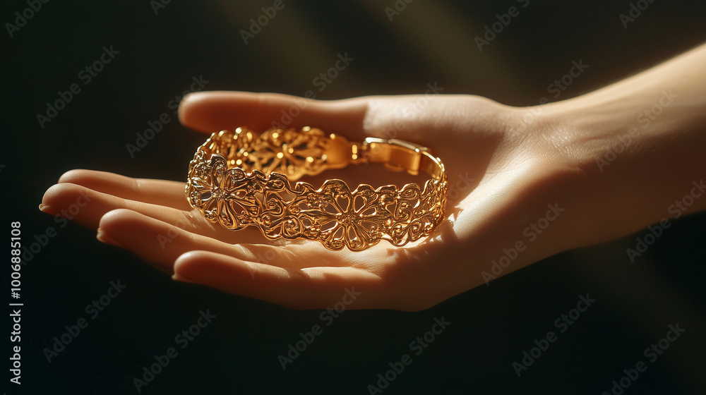A woman's hand presenting a gold bracelet with an ornate design, symbolizing financial security, Asset or Gold Loan concept