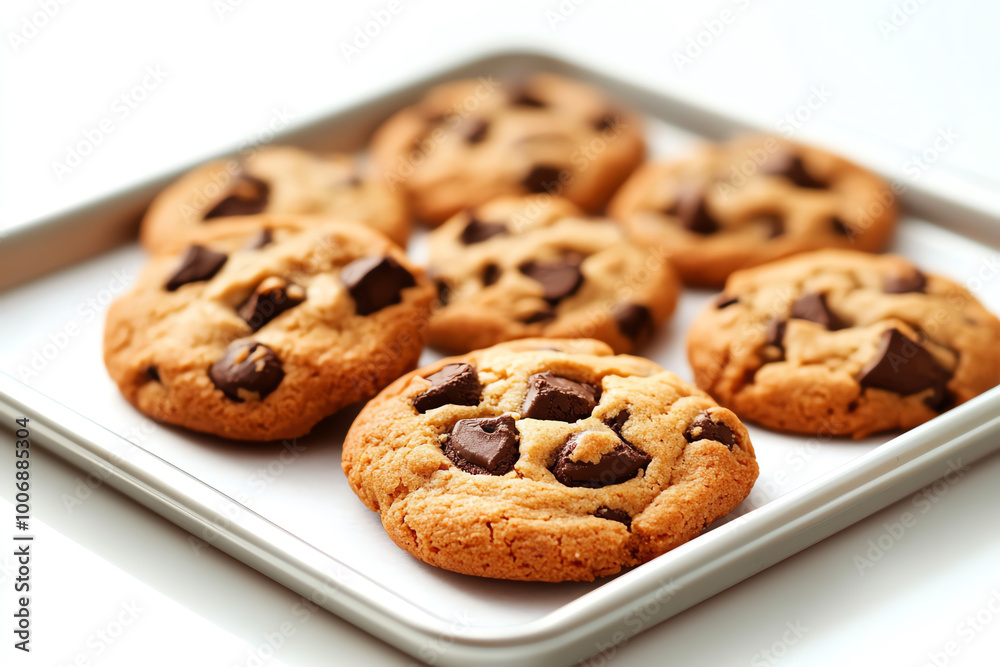 Freshly baked chocolate chip cookies on a silver tray. Freshly baked chocolate chip cookies on a silver tray.