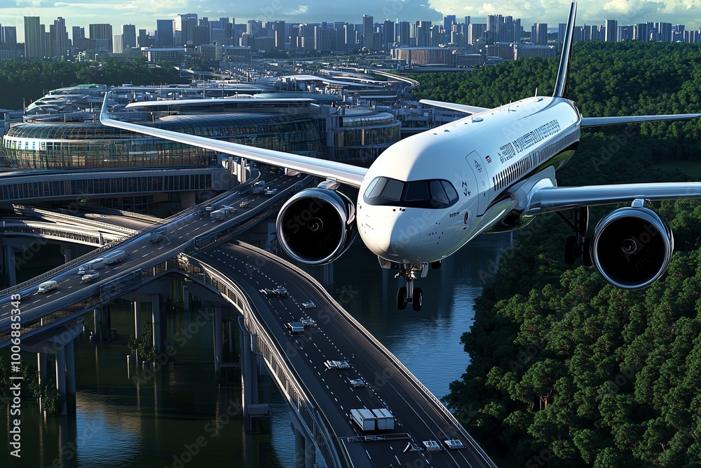 Fototapeta premium A hyper-detailed view of a modern urban airport, with planes, runways, and terminals all rendered in stunning realism, showcasing the cityâ€™s transportation infrastructure.