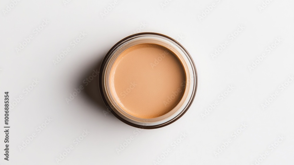 Close-up top view of a sample foundation cream in a circular container. Smooth, glossy texture on display. No logo or branding. Clean white background. Close-up top view of a sample foundation cream in a circular container. Smooth, glossy texture on display. No logo or branding. Clean white background.
