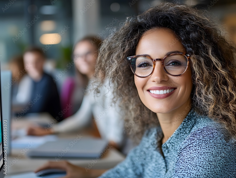 Smiling businesswoman with glasses working in a modern office environment Smiling businesswoman with glasses working in a modern office environment