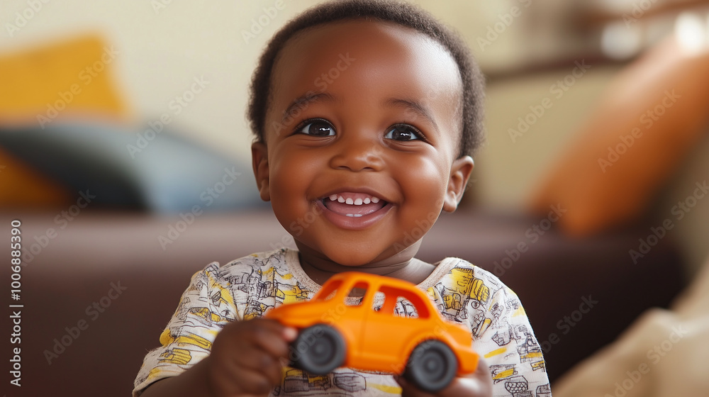 An African toddler with big expressive eyes, holding a toy car and smiling, seated in a bright, cozy living room with natural textures