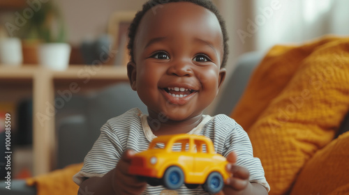 An African toddler with big expressive eyes, holding a toy car and smiling, seated in a bright, cozy living room with natural textures