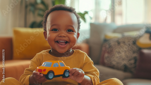 Obraz na płótnie An African toddler with big expressive eyes, holding a toy car and smiling, seated in a bright, cozy living room with natural textures w salonie