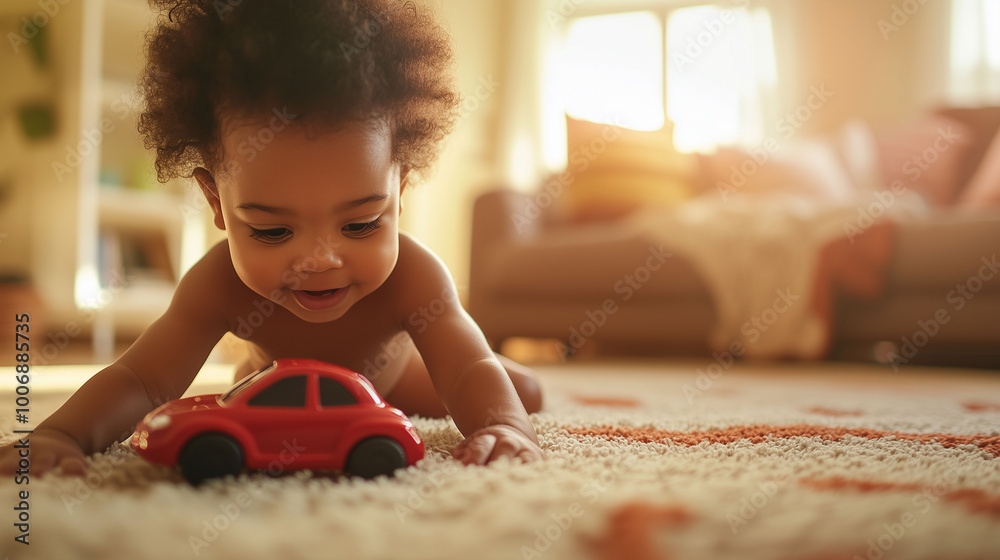 An African toddler, happily playing with a red toy car on a soft rug, with the warmth of a family room in the background, soft afternoon light