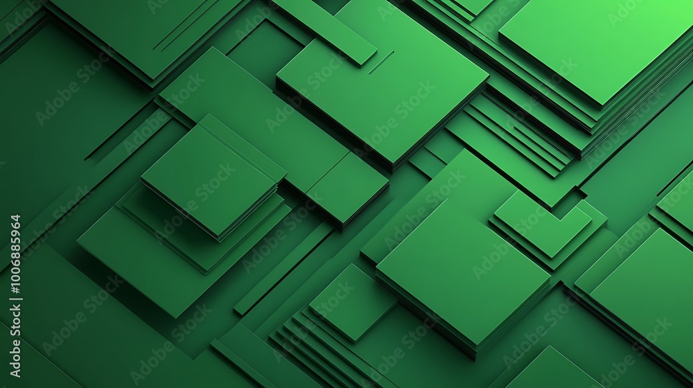Abstract green geometric pattern with overlapping squares and rectangles in a 3D design.
