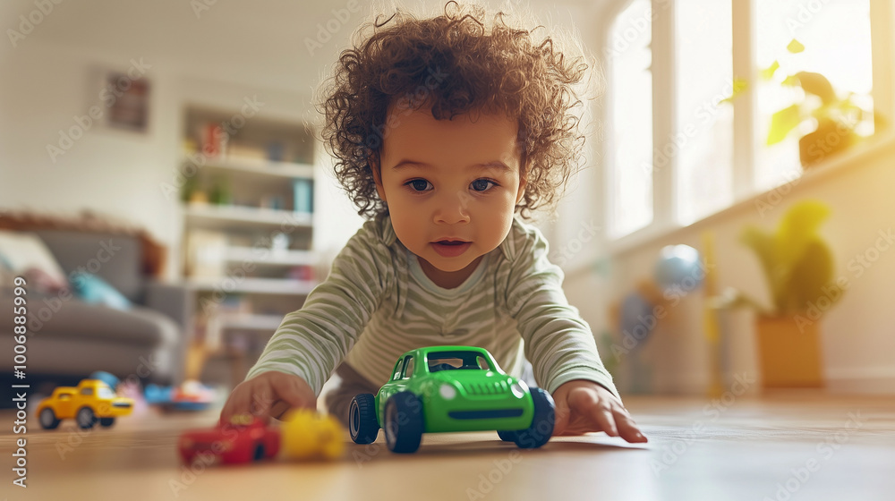 An American toddler with curly hair, surrounded by other toys but focused on a small green car, bright and airy home