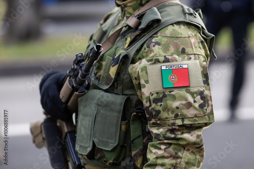 Details of a Portuguese soldier in uniform during the Romanian National Day military parade.