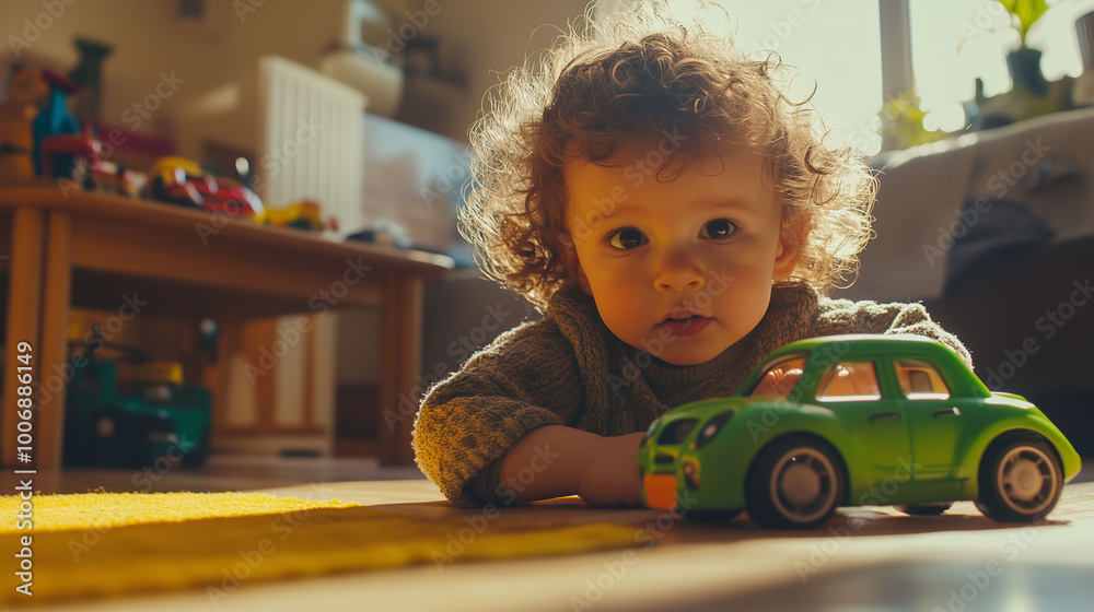 An American toddler with curly hair, surrounded by other toys but focused on a small green car, bright and airy home