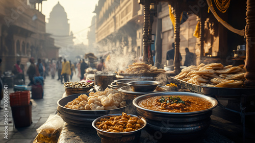 Obraz na płótnie An elegant street-side dining setup showcasing chole and puri, with a backdrop of traditional Indian architecture and bustling market life w salonie