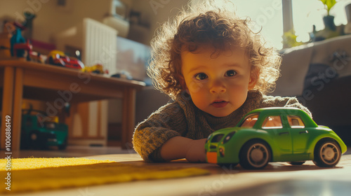 Obraz na płótnie An American toddler with curly hair, surrounded by other toys but focused on a small green car, bright and airy home w salonie