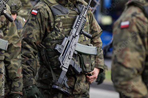 Details of a Polish soldier in uniform during the Romanian National Day military parade.