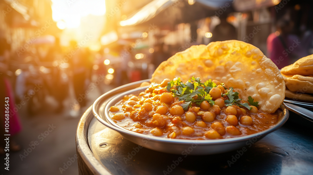 Close-up of a delicious plate featuring chana masala and puri, with bustling street food stalls in the background, warm sunlight illuminating the scene