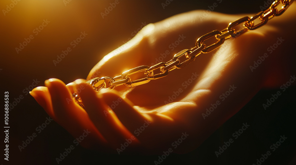Detailed shot of a female hand gently grasping a golden chain, with bright light highlighting its elegance, Asset or Gold Loan concept