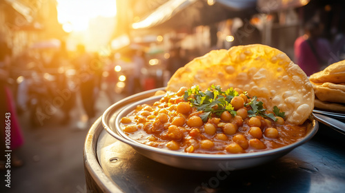 Obraz na płótnie Close-up of a delicious plate featuring chana masala and puri, with bustling street food stalls in the background, warm sunlight illuminating the scene w salonie