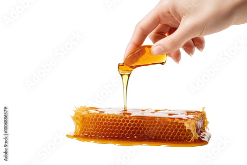 Hand colecting honey on white background photo