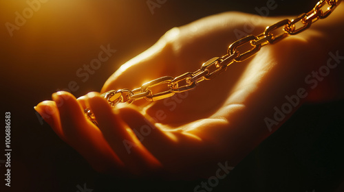 Obraz na płótnie Detailed shot of a female hand gently grasping a golden chain, with bright light highlighting its elegance, Asset or Gold Loan concept w salonie