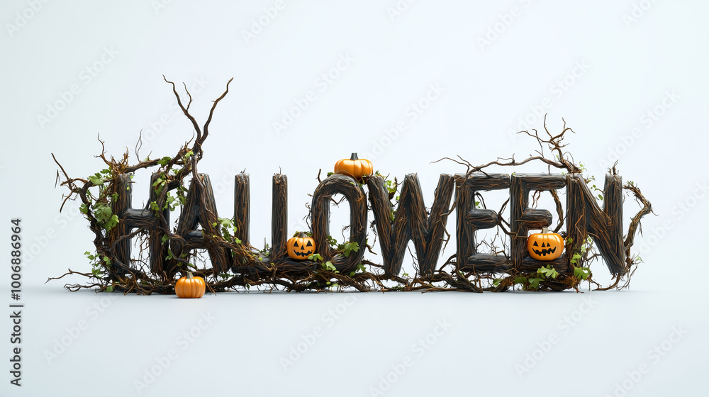 The HALLOWEEN logo created from earthy materials, branches, wooden pieces, and vines with pumpkins nestled within the letters, set against a clean white backdrop