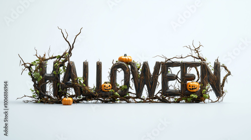 Obraz na płótnie The HALLOWEEN logo created from earthy materials, branches, wooden pieces, and vines with pumpkins nestled within the letters, set against a clean white backdrop w salonie