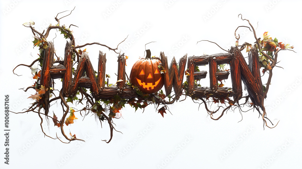 The HALLOWEEN logo created from earthy materials, branches, wooden pieces, and vines with pumpkins nestled within the letters, set against a clean white backdrop