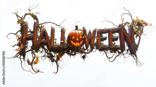 Obraz na płótnie The HALLOWEEN logo created from earthy materials, branches, wooden pieces, and vines with pumpkins nestled within the letters, set against a clean white backdrop w salonie