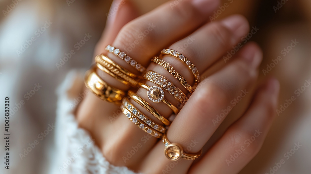 A closeup shot of a female hand displaying a set of gold rings, shimmering under natural light, Asset or Gold Loan concept