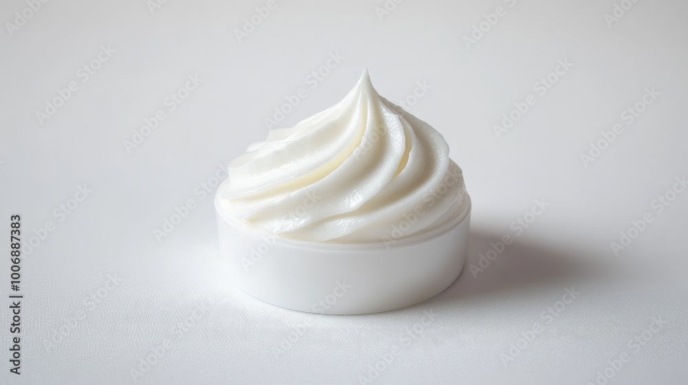 Moisturizer cream, glossy and rich, in a close-up on a pure white background. No logos or people, showcasing the product's luxurious texture. Moisturizer cream, glossy and rich, in a close-up on a pure white background. No logos or people, showcasing the product's luxurious texture.