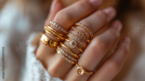 A closeup shot of a female hand displaying a set of gold rings, shimmering under natural light, Asset or Gold Loan concept