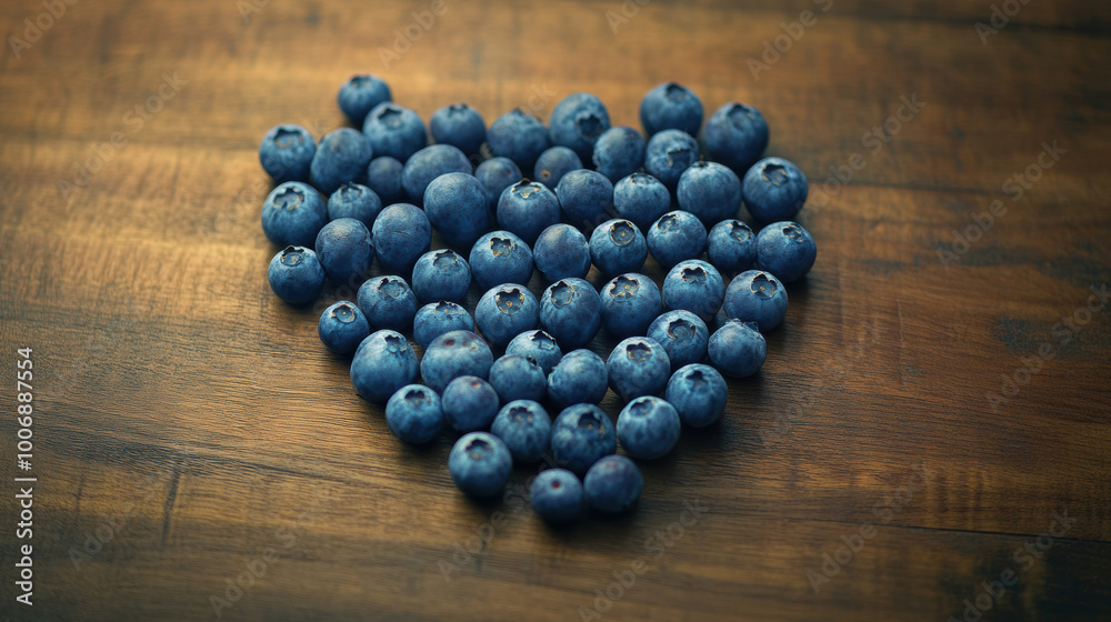 Heart-Shaped Blueberry Arrangement on Rustic Wooden Background. Heart-Healty concept, Heart-Check Certified Fruits. Heart-Shaped Blueberry Arrangement on Rustic Wooden Background. Heart-Healty concept, Heart-Check Certified Fruits.
