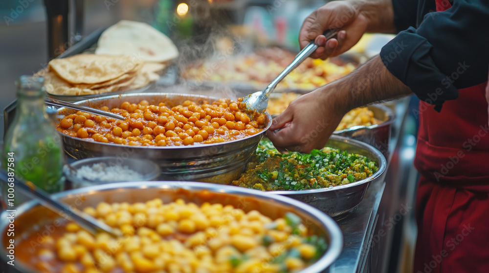 A chef preparing chana masala and puri at a vibrant street food cart, with colorful ingredients and happy customers enjoying the meal
