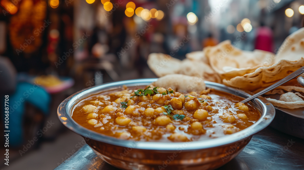 A beautifully plated dish of chole and puri, served on a traditional table, with a lively street scene and Indian decorations in the background