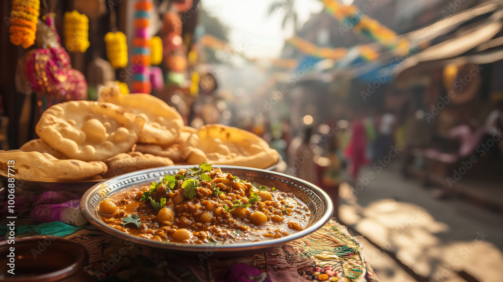 A beautifully plated dish of chole and puri, served on a traditional table, with a lively street scene and Indian decorations in the background
