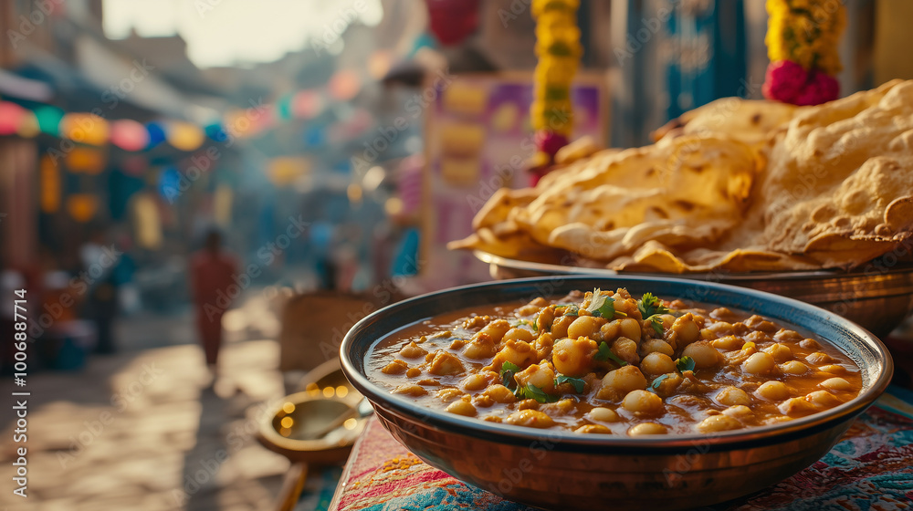 A beautifully plated dish of chole and puri, served on a traditional table, with a lively street scene and Indian decorations in the background