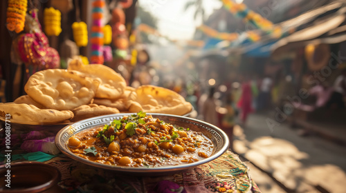 Obraz na płótnie A beautifully plated dish of chole and puri, served on a traditional table, with a lively street scene and Indian decorations in the background w salonie