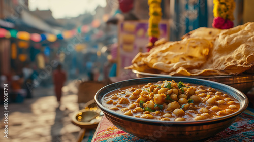 Obraz na płótnie A beautifully plated dish of chole and puri, served on a traditional table, with a lively street scene and Indian decorations in the background w salonie