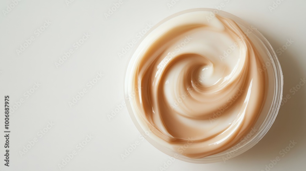 Swirl of foundation cream on a clean white surface, showing off its glossy, creamy texture. No logos or people, allowing the product to shine. Swirl of foundation cream on a clean white surface, showing off its glossy, creamy texture. No logos or people, allowing the product to shine.