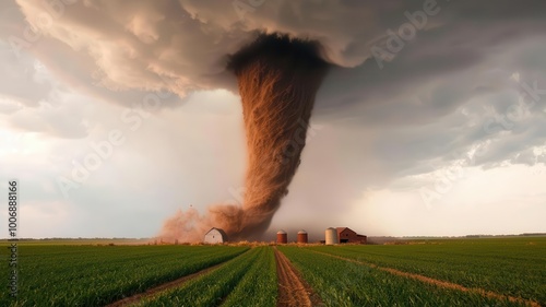 Tornado ripping through farmland, tearing up crops and destroying barns and silos   tornado damage, farmland destruction photo