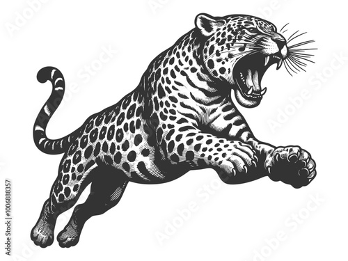 fierce leaping leopard with an open mouth, drawn in a detailed engraving style sketch engraving generative ai vector illustration. Scratch board imitation. Black and white image.