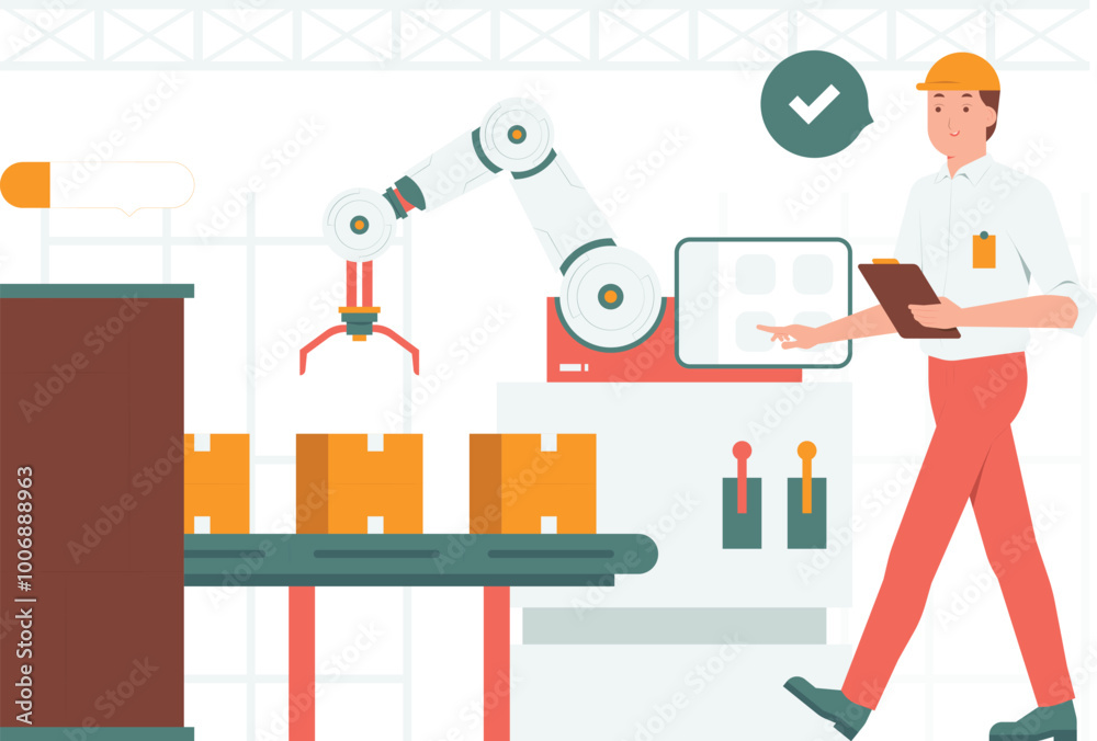 Engineer operate robot hand heavy machinery in shipping factory with computerized control panel manufacturing warehouse concept illustration Engineer operate robot hand heavy machinery in shipping factory with computerized control panel manufacturing warehouse concept illustration