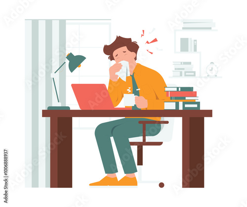 Sick businessman works in the office blowing nose sneezing and wipes his nose with napkin concept illustration