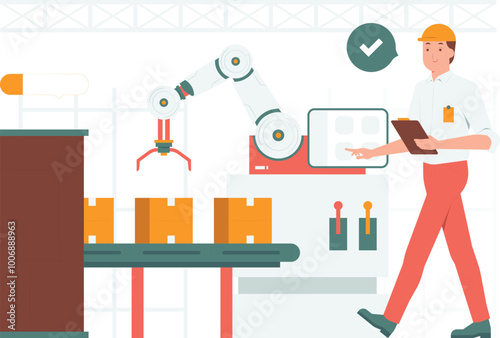 Engineer operate robot hand heavy machinery in shipping factory with computerized control panel manufacturing warehouse concept illustration