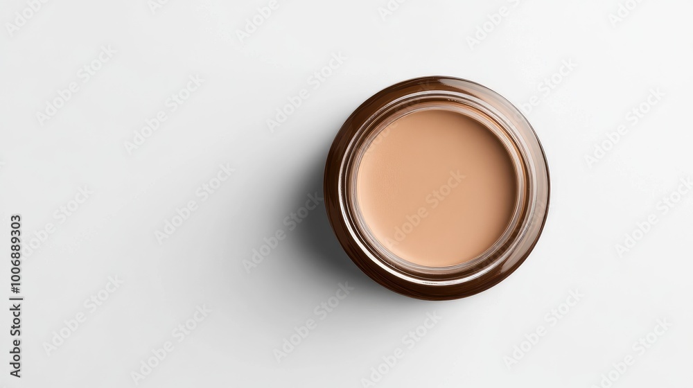 Top view of glossy foundation cream in a circular jar. No branding or logo. Smooth, even texture with a clean white background for simplicity. Top view of glossy foundation cream in a circular jar. No branding or logo. Smooth, even texture with a clean white background for simplicity.