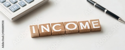 Wooden blocks spelling income with calculator and pen on white background.