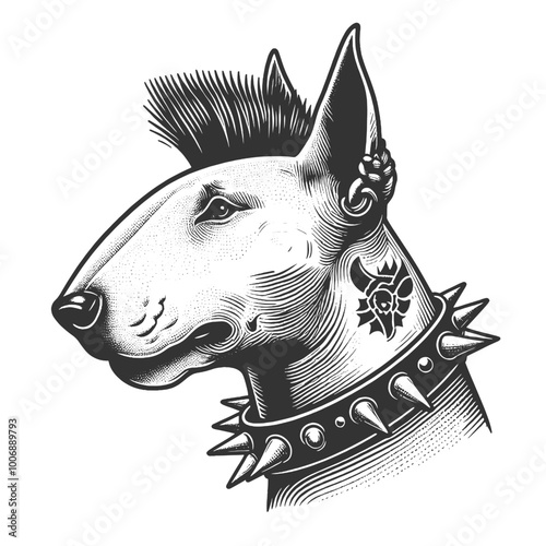 bull terrier dog punk. Mohawk hairstyle, wearing a leather jacket and spiked collar in vintage style sketch engraving generative ai vector illustration. Scratch board imitation. Black and white image.