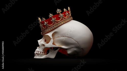 King's Demise: A regal crown rests upon a human skull, a poignant juxtaposition against a stark black backdrop.  The image evokes themes of mortality, power. photo