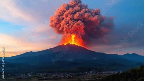 Volcano erupting, spewing lava and ash into the sky while nearby villages evacuate   volcanic eruption, fiery disaster photo