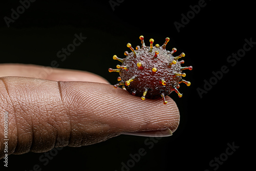 A drop of sweat in shape of virus is delicately balanced on fingertip, symbolizing fragility of health and impact of viruses on our lives